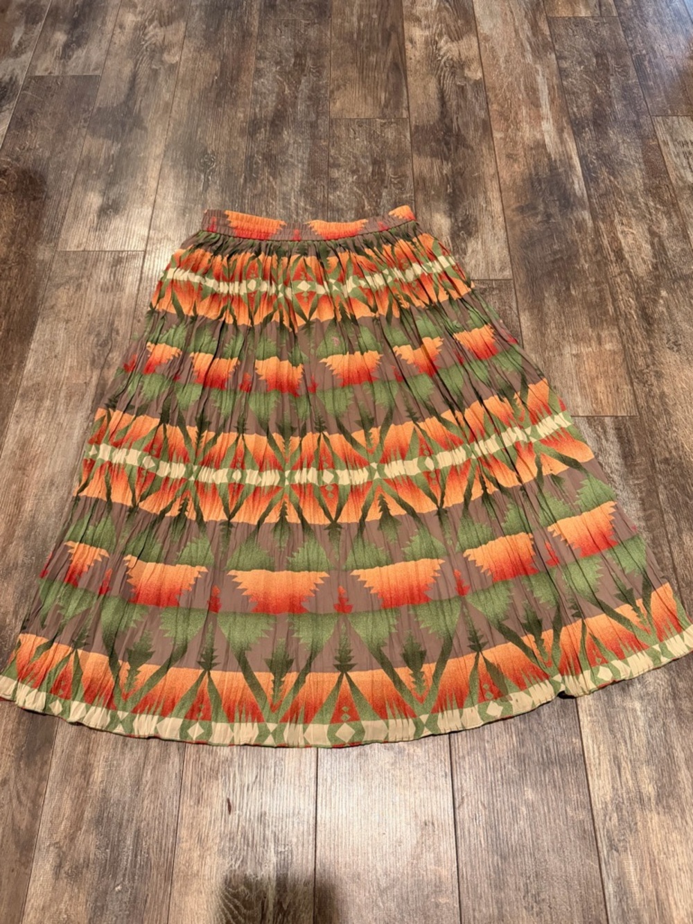 Cambridge Dry Goods Orange, Green and Brown Pleated A-Line Midi Skirt